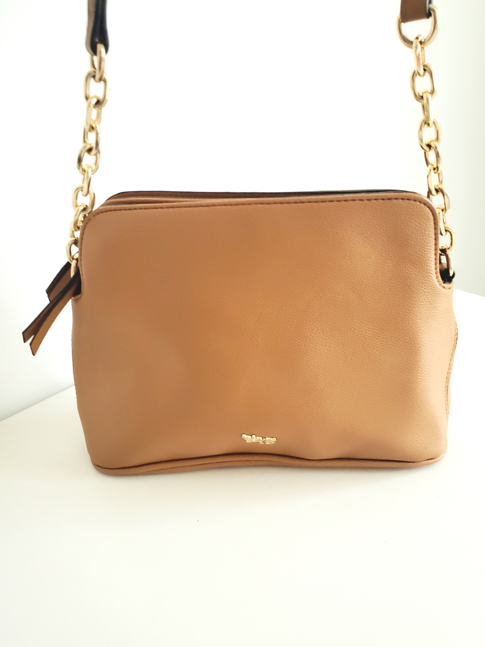 Vegan Leather Crossbody Bag in Tan with Gold Chain Strap